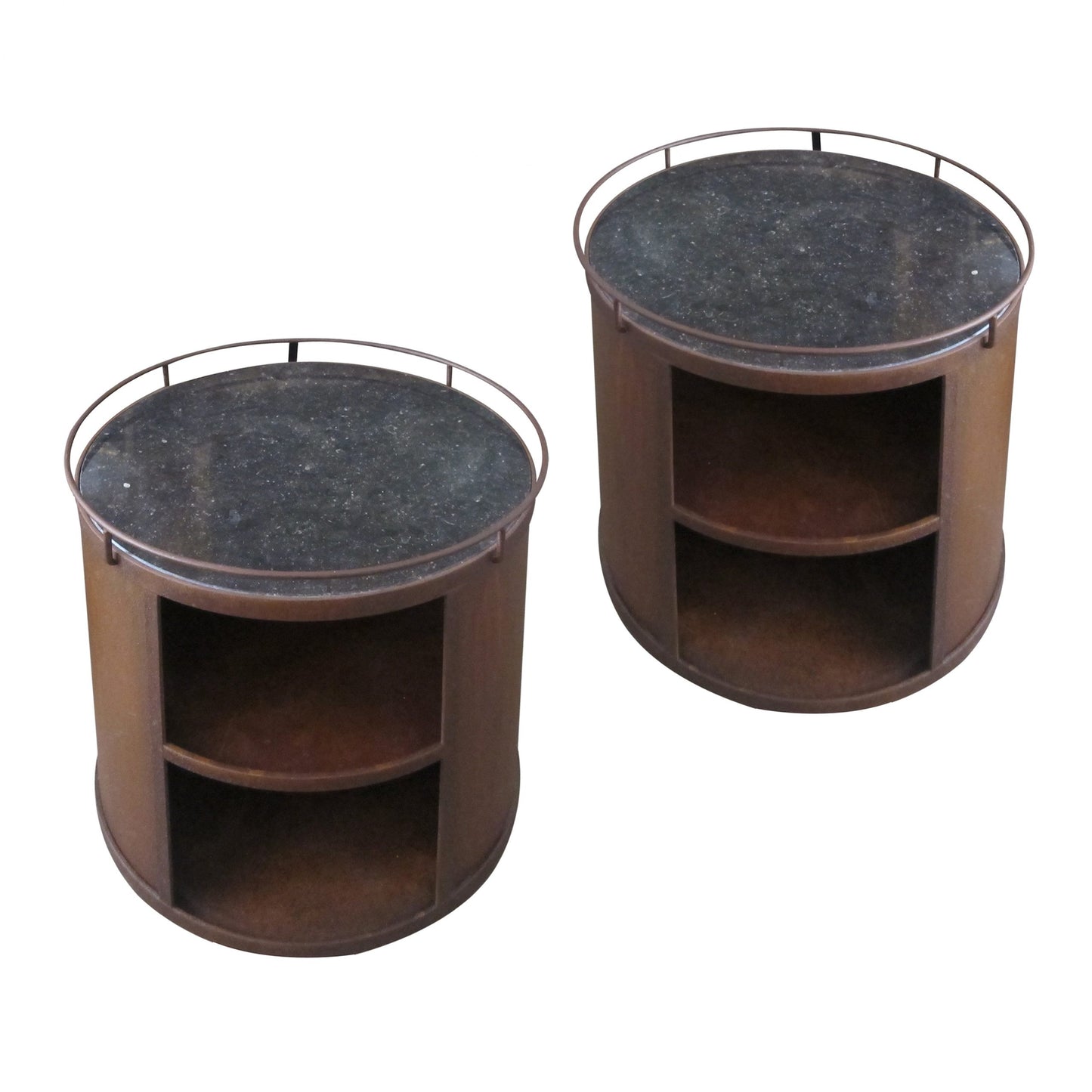 A pair of industrial round side tables with black marble top