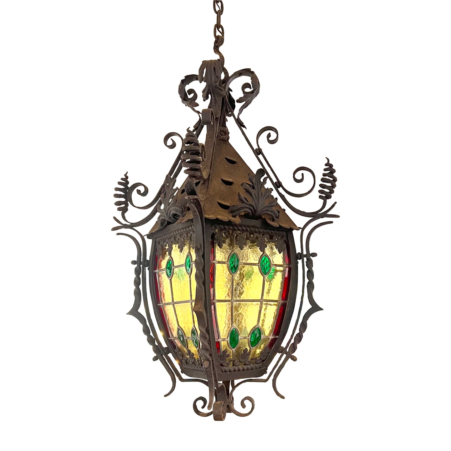 Late 19th-Century French Napoleon III Wrought-Iron Lantern with Stained Glass