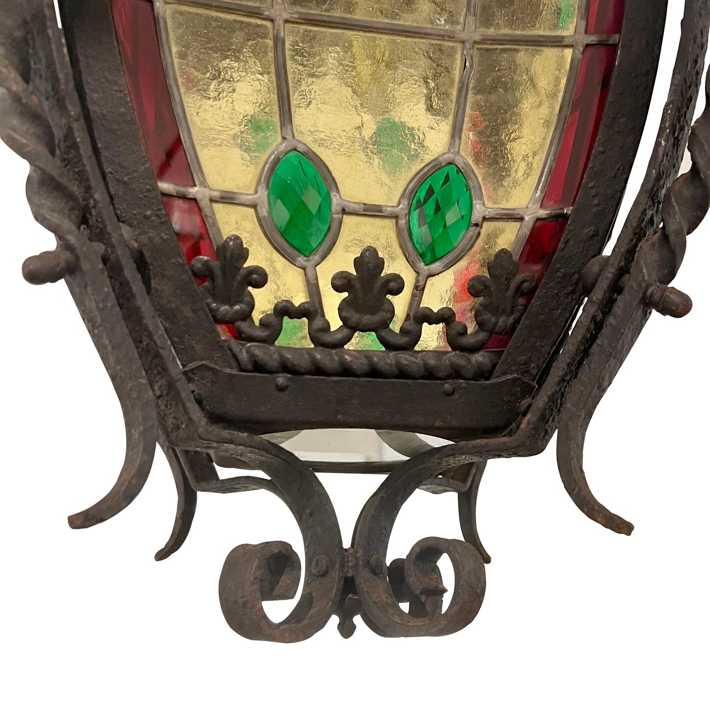 Late 19th-Century French Napoleon III Wrought-Iron Lantern with Stained Glass