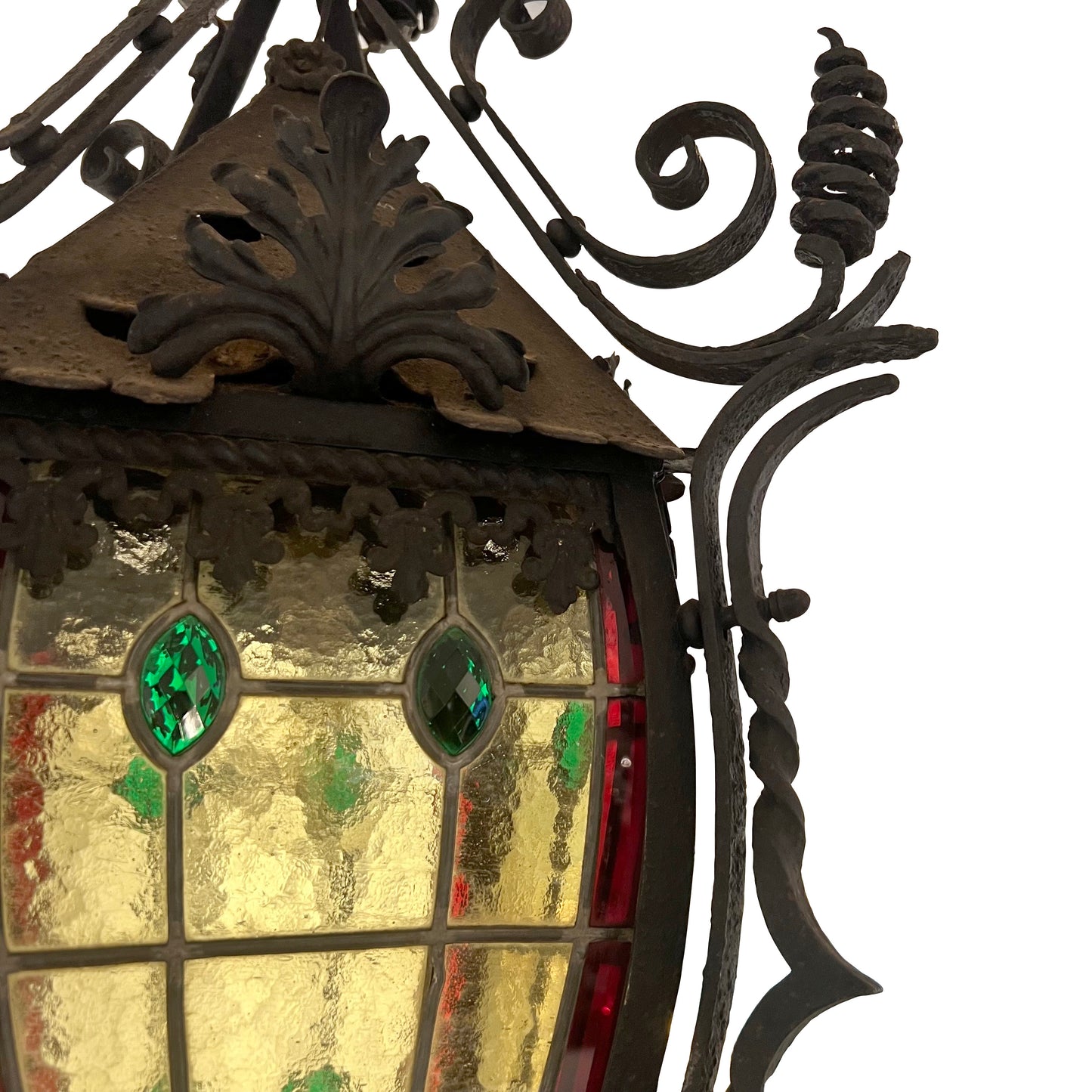 Late 19th-Century French Napoleon III Wrought-Iron Lantern with Stained Glass