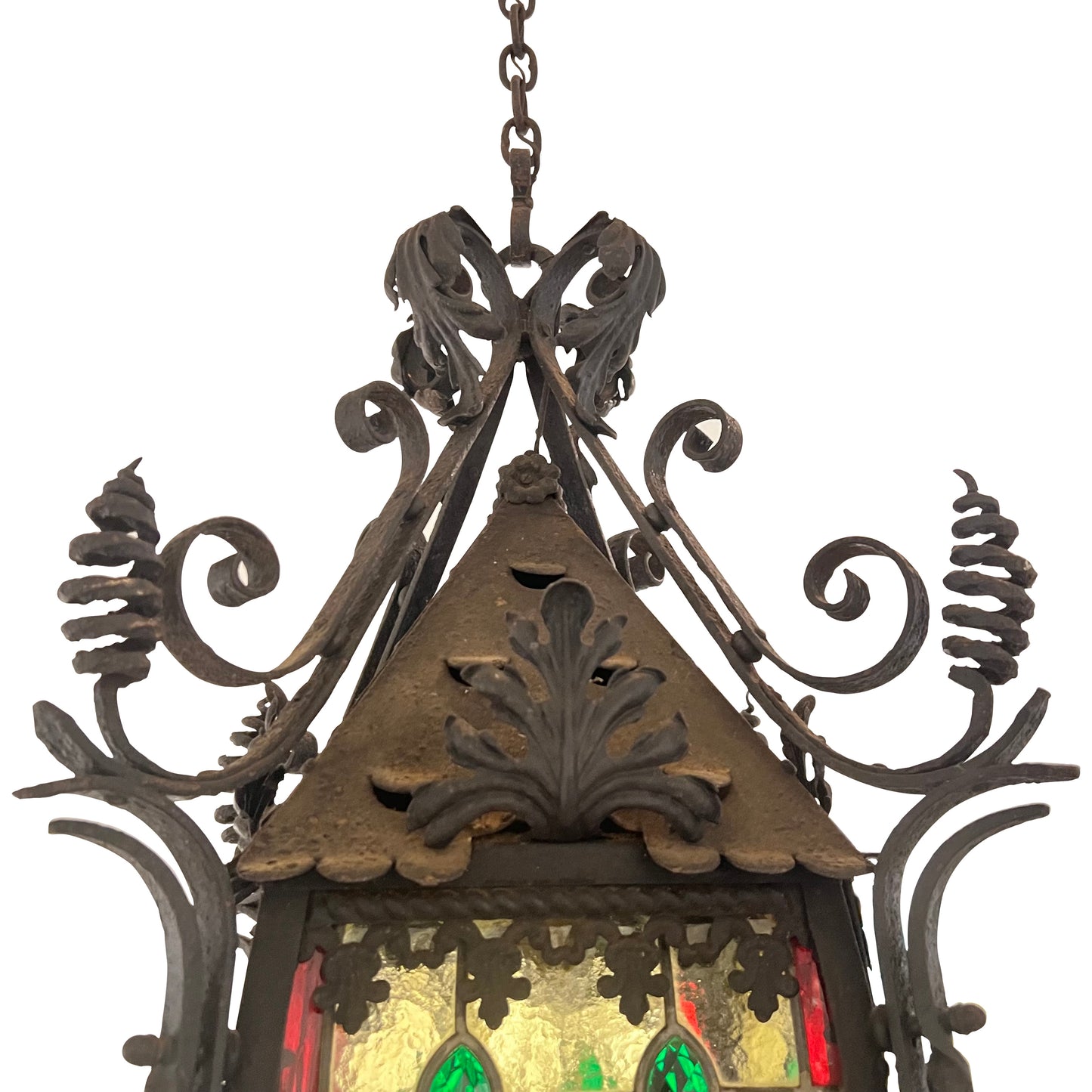 Late 19th-Century French Napoleon III Wrought-Iron Lantern with Stained Glass