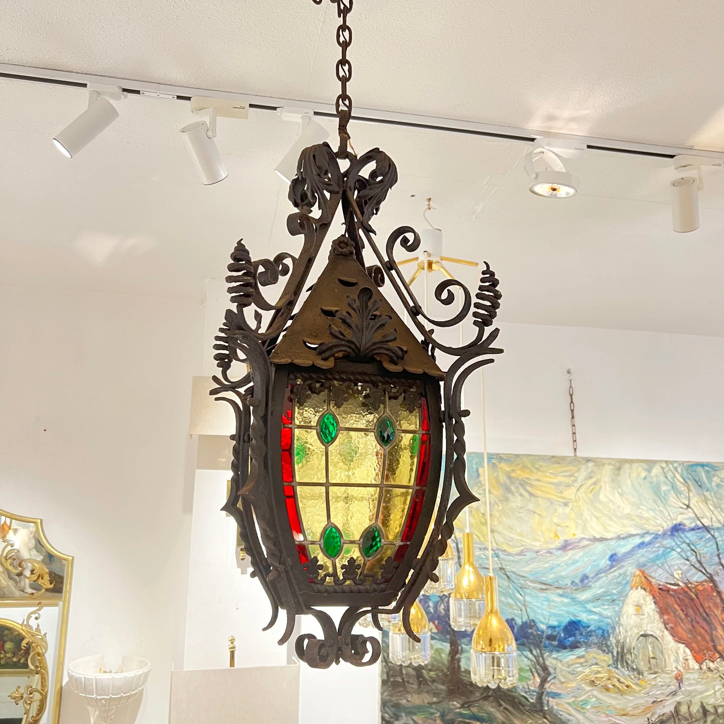 Late 19th-Century French Napoleon III Wrought-Iron Lantern with Stained Glass
