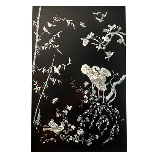 Early 20th Century Asian Black Lacquer Panel with Mother-of-Pearl Inlay