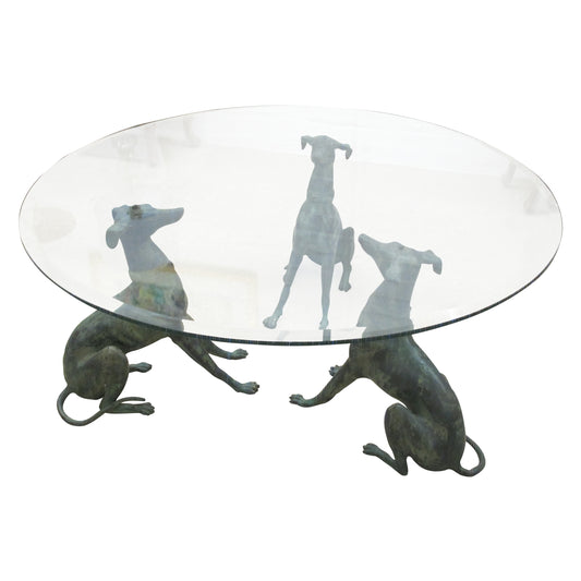 1950s Belgian Coffee Table with Bronze Whippet Sculptures and Glass Top