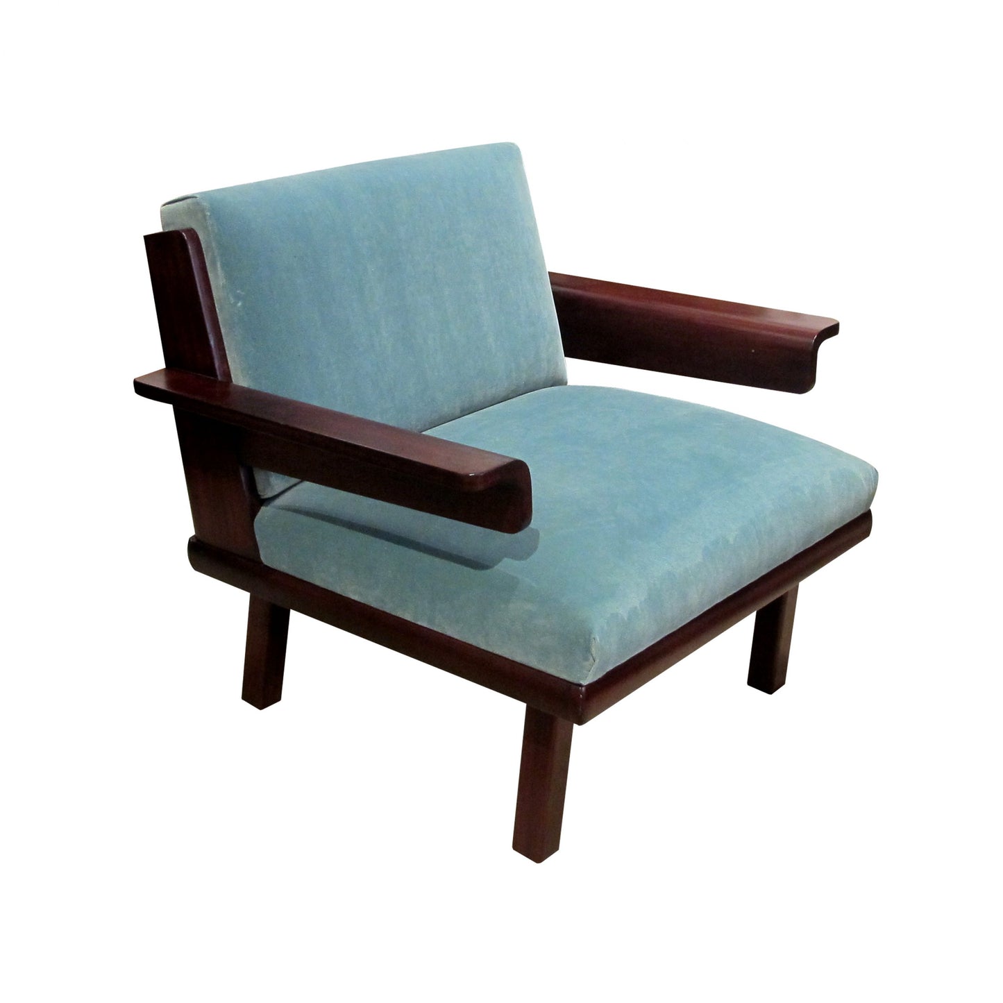 A pair of armchairs upholstered in blue velvet, Mid century, Swedish