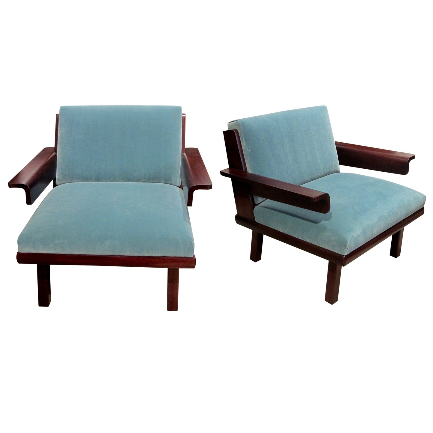 A pair of armchairs upholstered in blue velvet, Mid century, Swedish