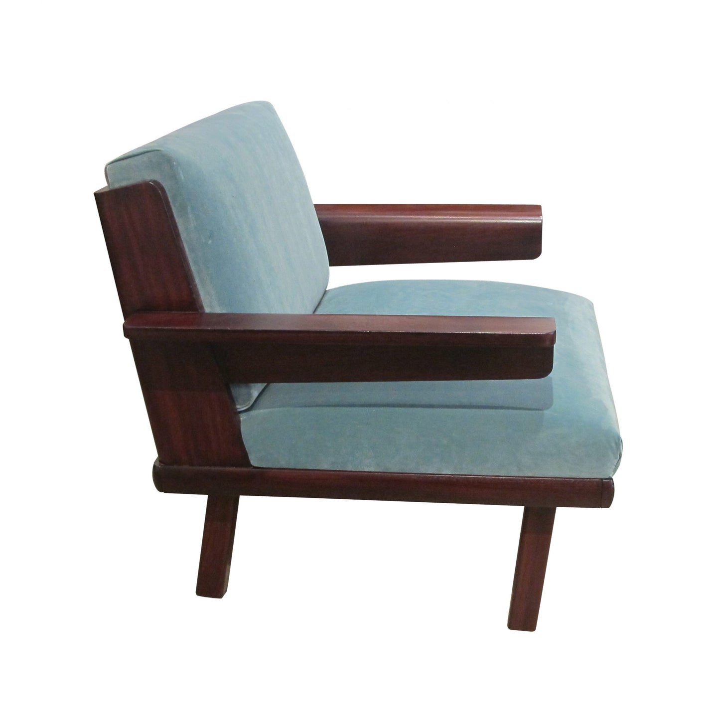 A pair of armchairs upholstered in blue velvet, Mid century, Swedish