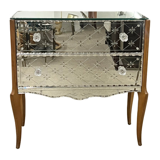 1950s French Mirrored Chest of Drawers with Etched Floral Decoration
