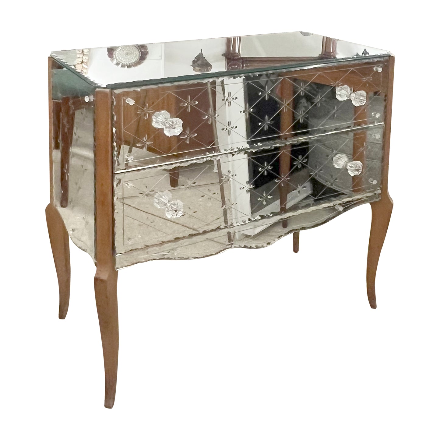 1950s French Mirrored Chest of Drawers with Etched Floral Decoration