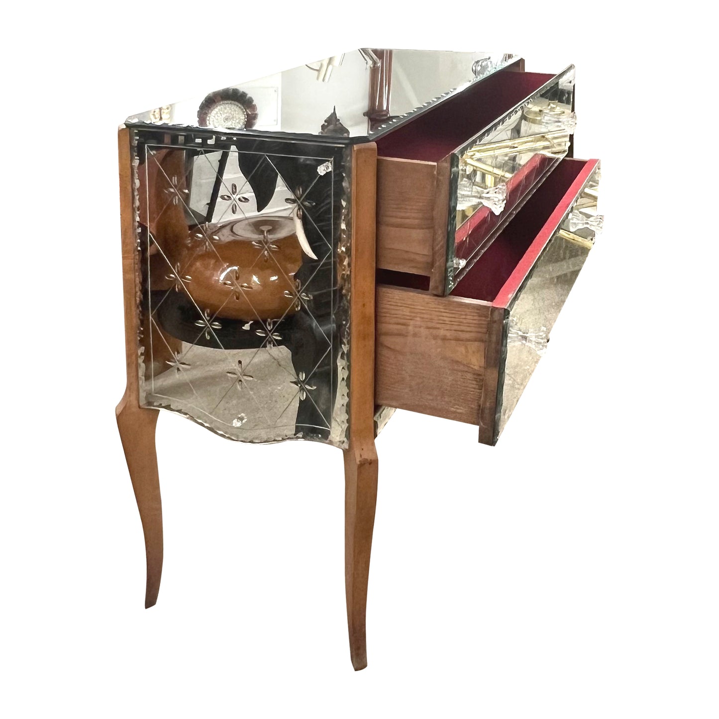 1950s French Mirrored Chest of Drawers with Etched Floral Decoration