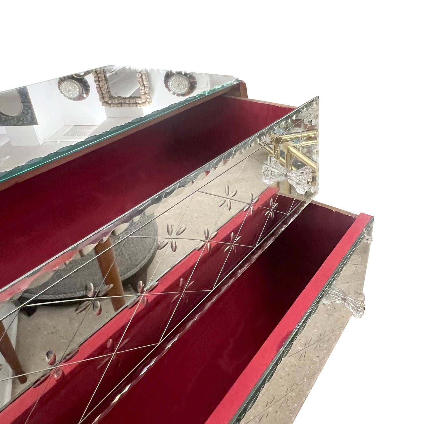 1950s French Mirrored Chest of Drawers with Etched Floral Decoration