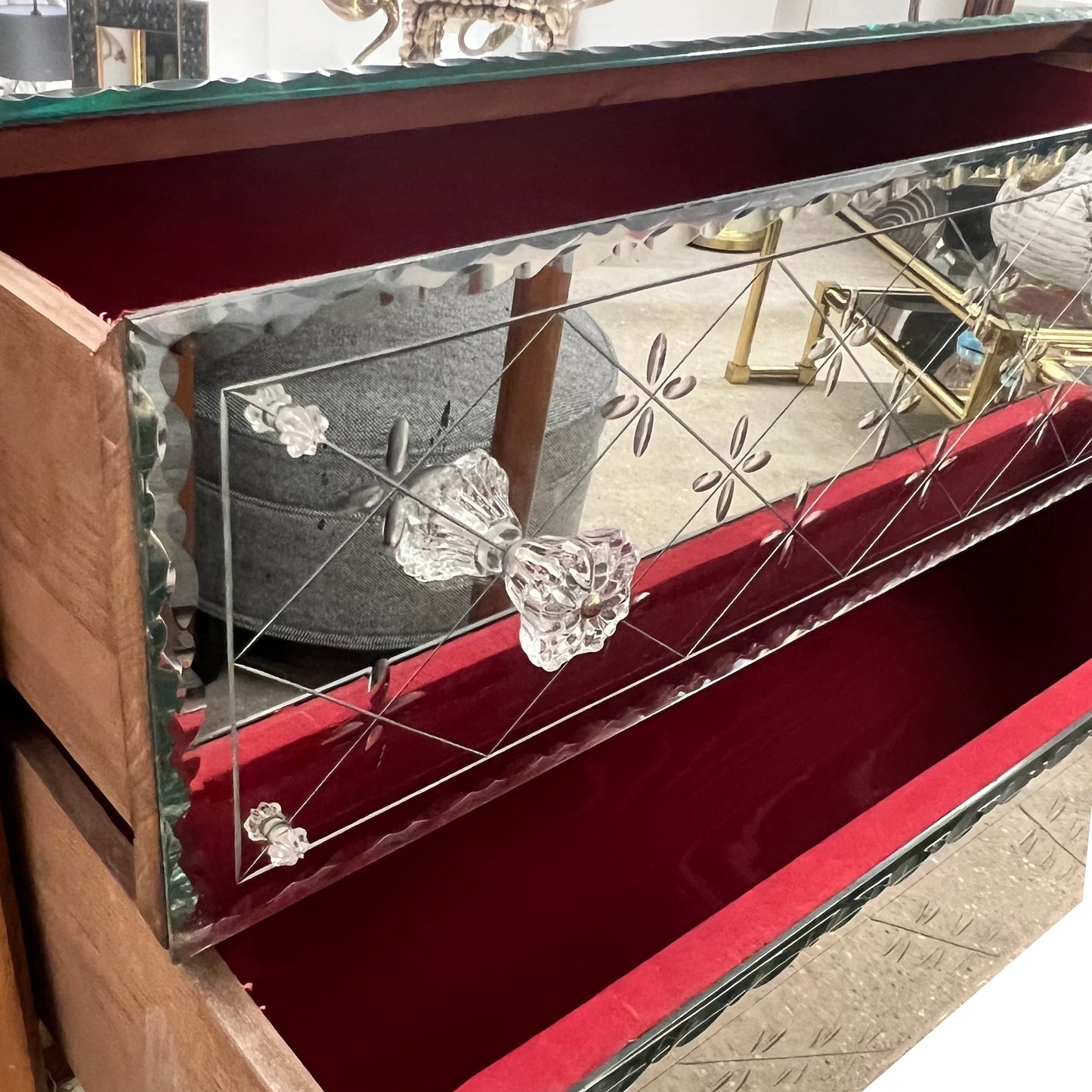 1950s French Mirrored Chest of Drawers with Etched Floral Decoration