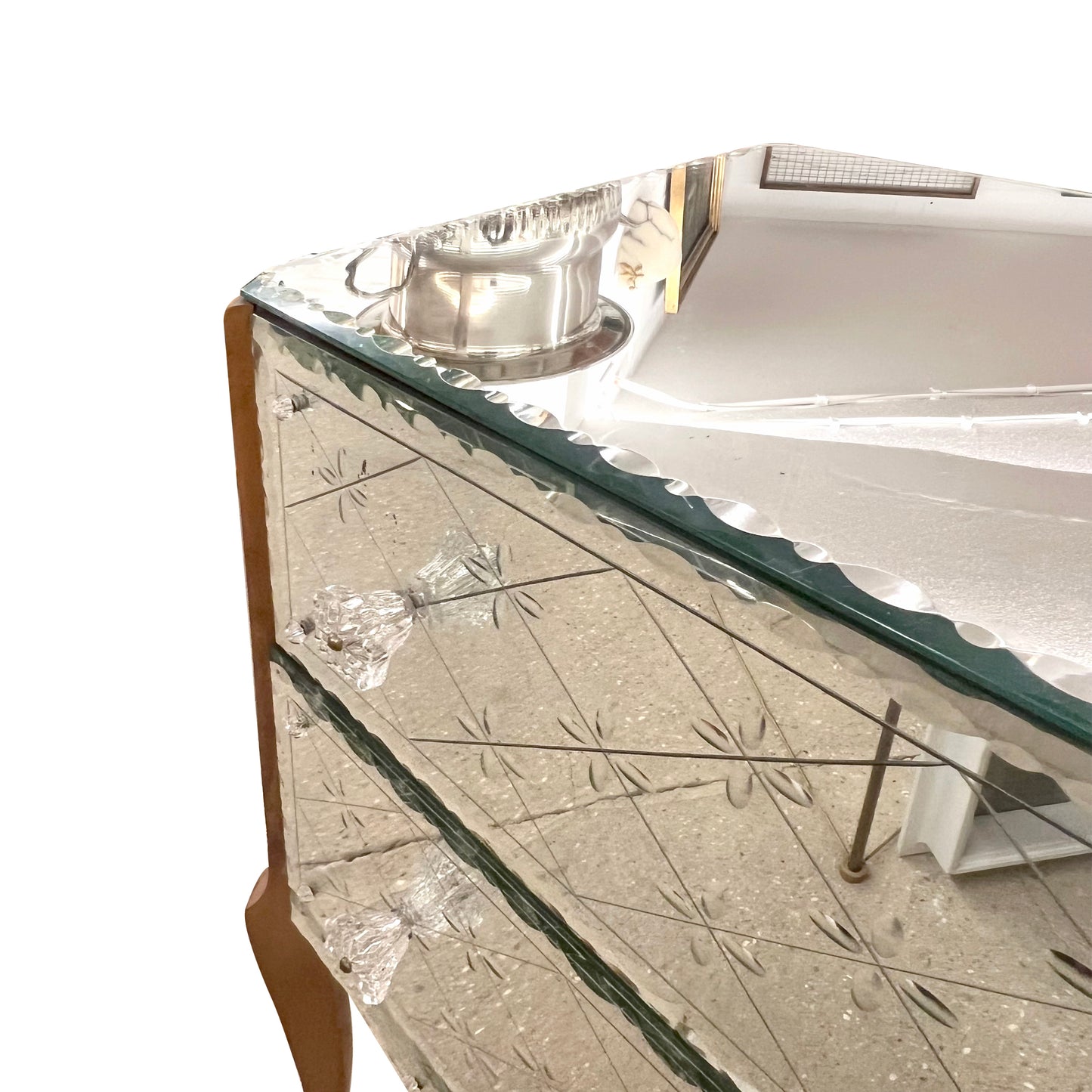 1950s French Mirrored Chest of Drawers with Etched Floral Decoration