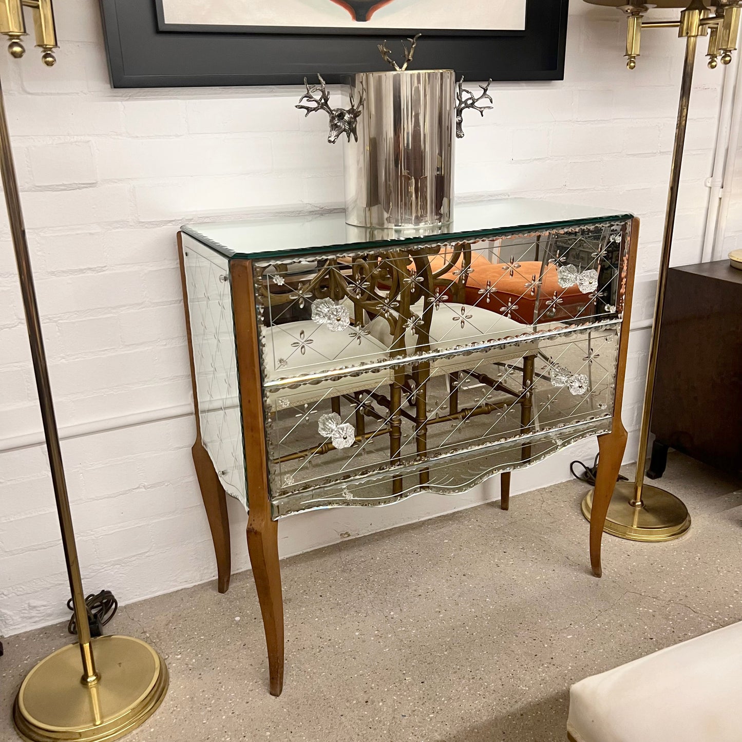 1950s French Mirrored Chest of Drawers with Etched Floral Decoration