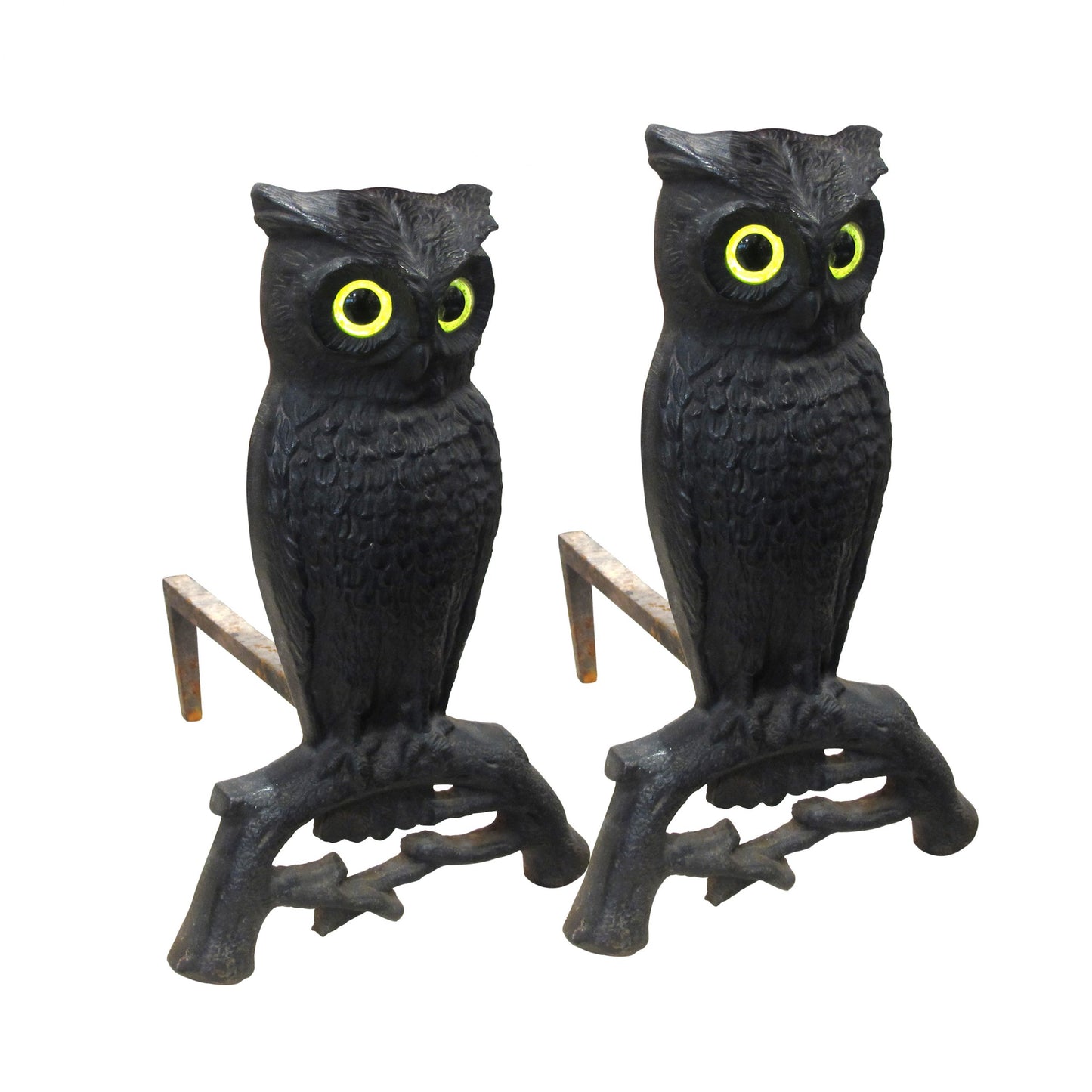 a pair of 1950's andirons cast iron owls , american