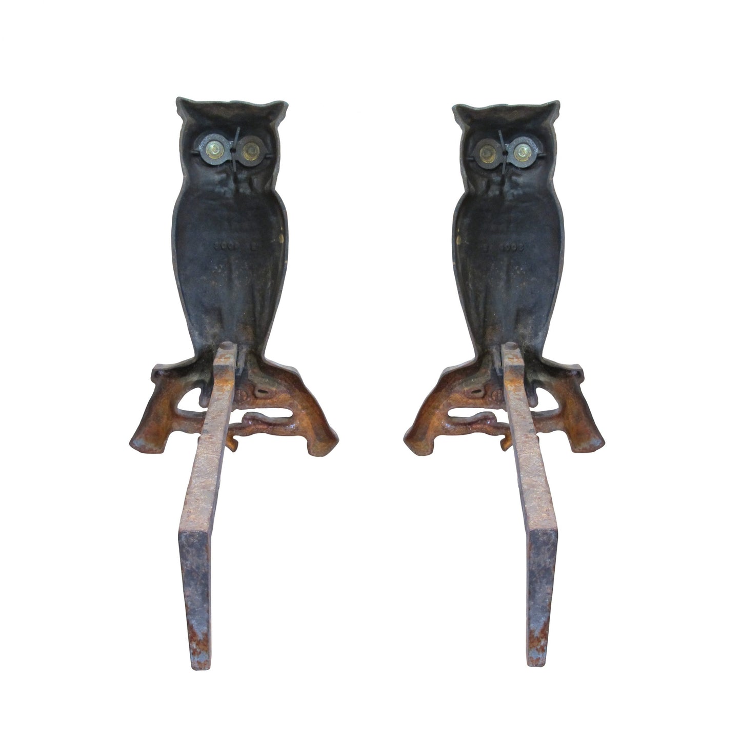 a pair of 1950's andirons cast iron owls , american