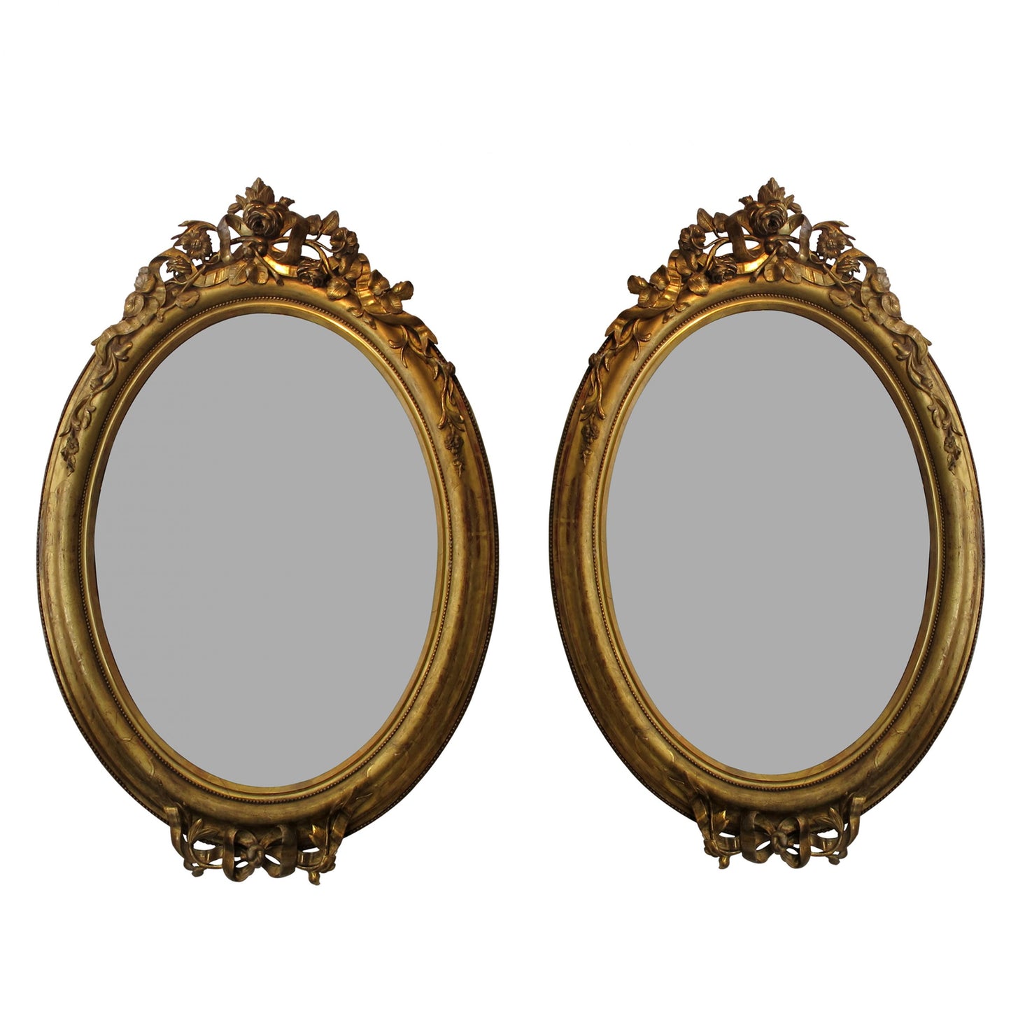 Pair of Circa 1860 Large French Napoleon III Large Carved Gilt Oval Mirrors