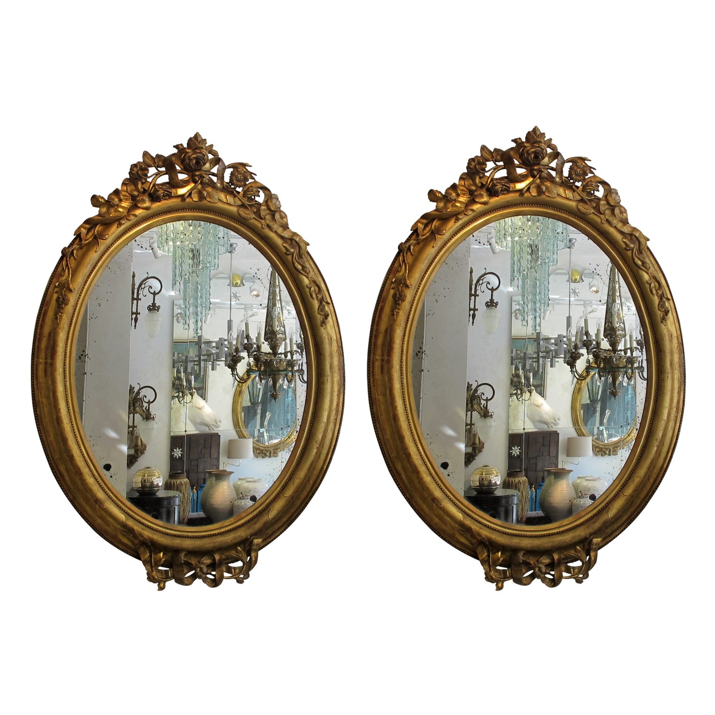 Pair of Circa 1860 Large French Napoleon III Large Carved Gilt Oval Mirrors