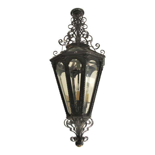 Mid-Century French, Octagonal Black Wrought Iron Lantern