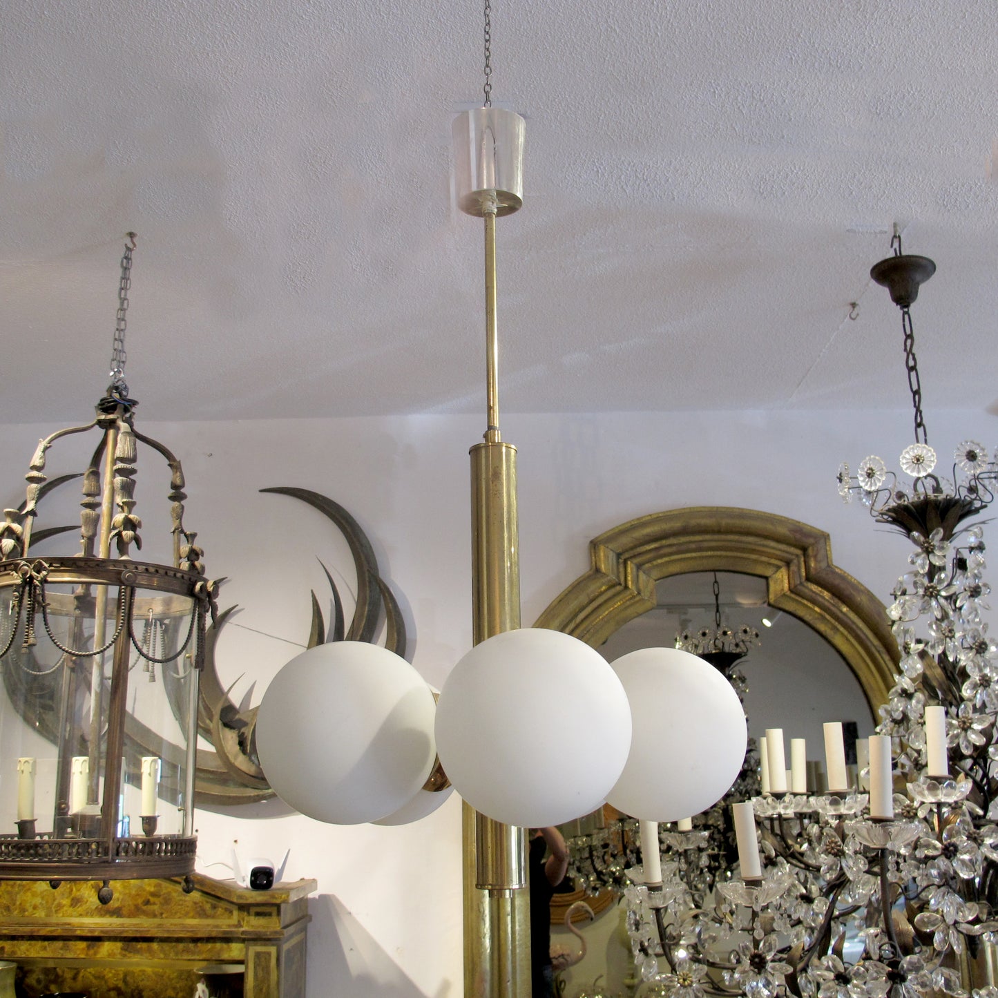 1950s Swedish Brass Ceiling Light with Five Opal Glass Globes