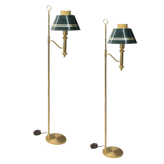 Swedish 1970s Pair of Brass and Metal Bracket Floor Lamps Green Shades