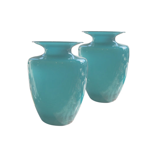 A pair of baby blue opaline vases, French mid century