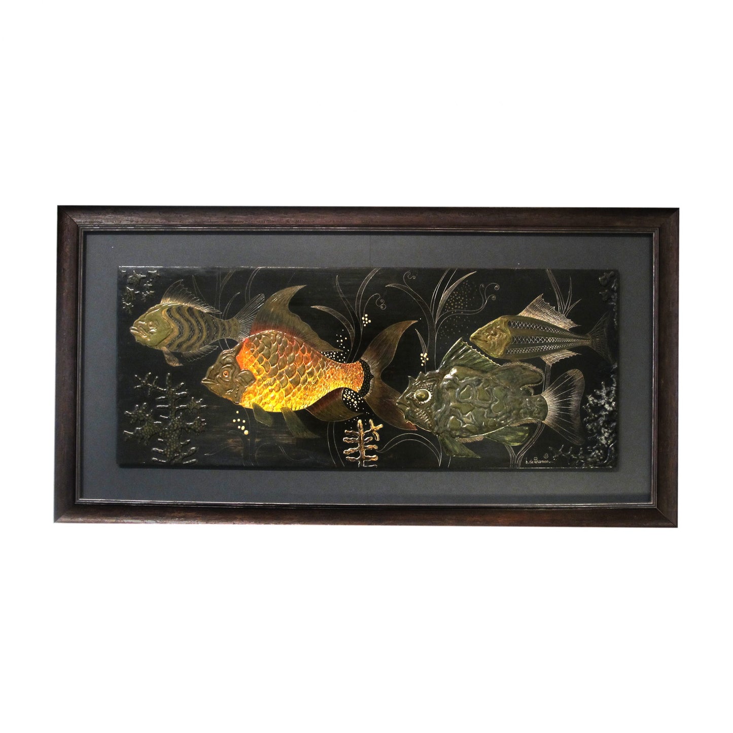 A painted wall plaster relief of fish underwater by H. De Penanros