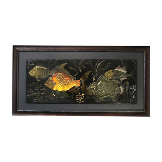 A painted wall plaster relief of fish underwater by H. De Penanros