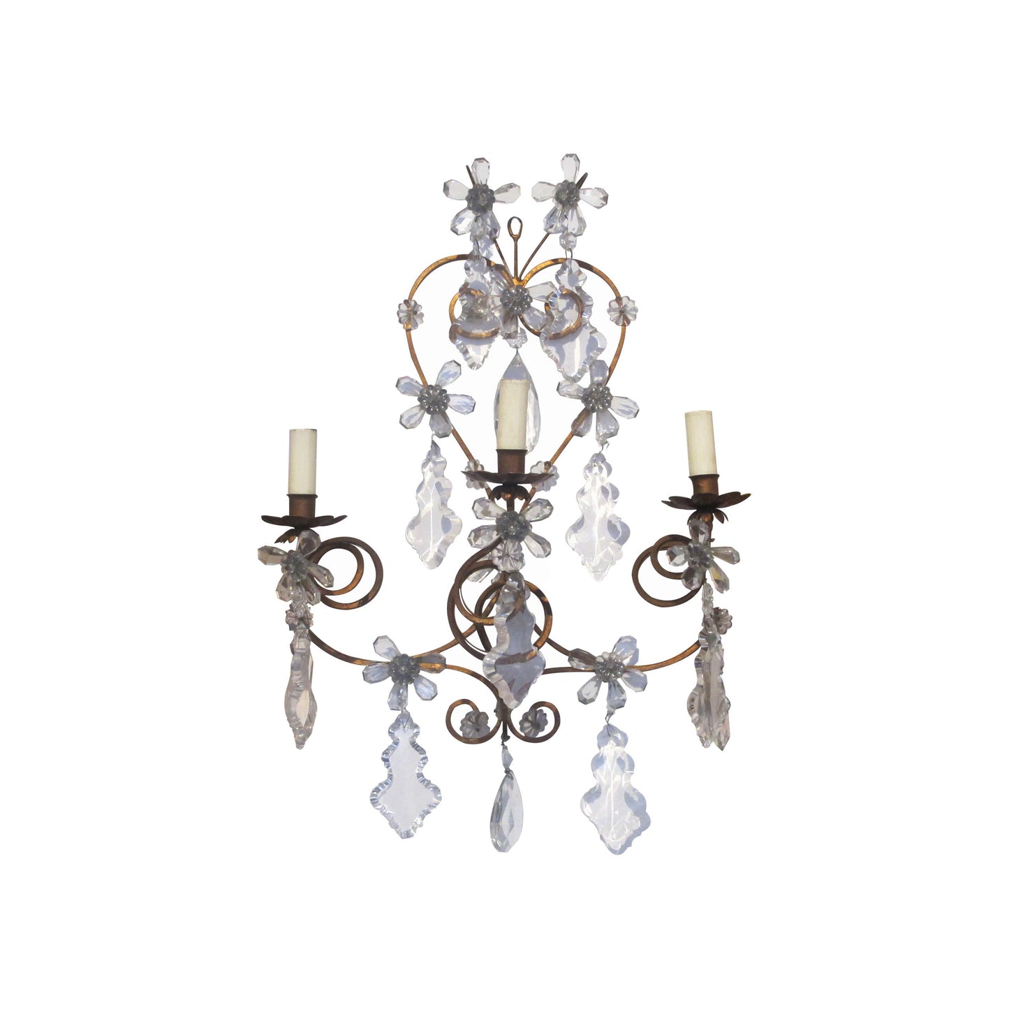 A pair of 1920's wrought iron and glass pampilles wall lights, French