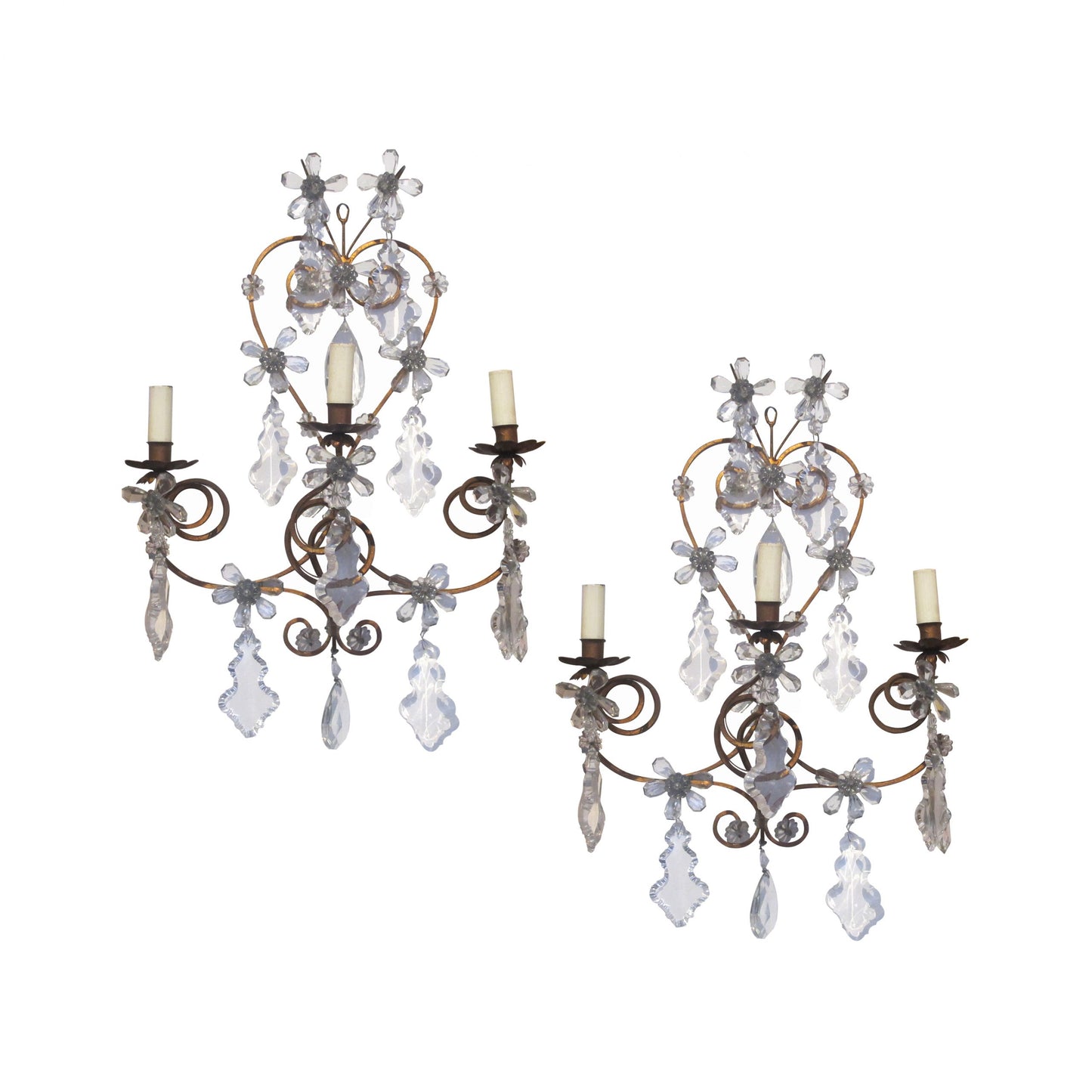 A pair of 1920's wrought iron and glass pampilles wall lights, French