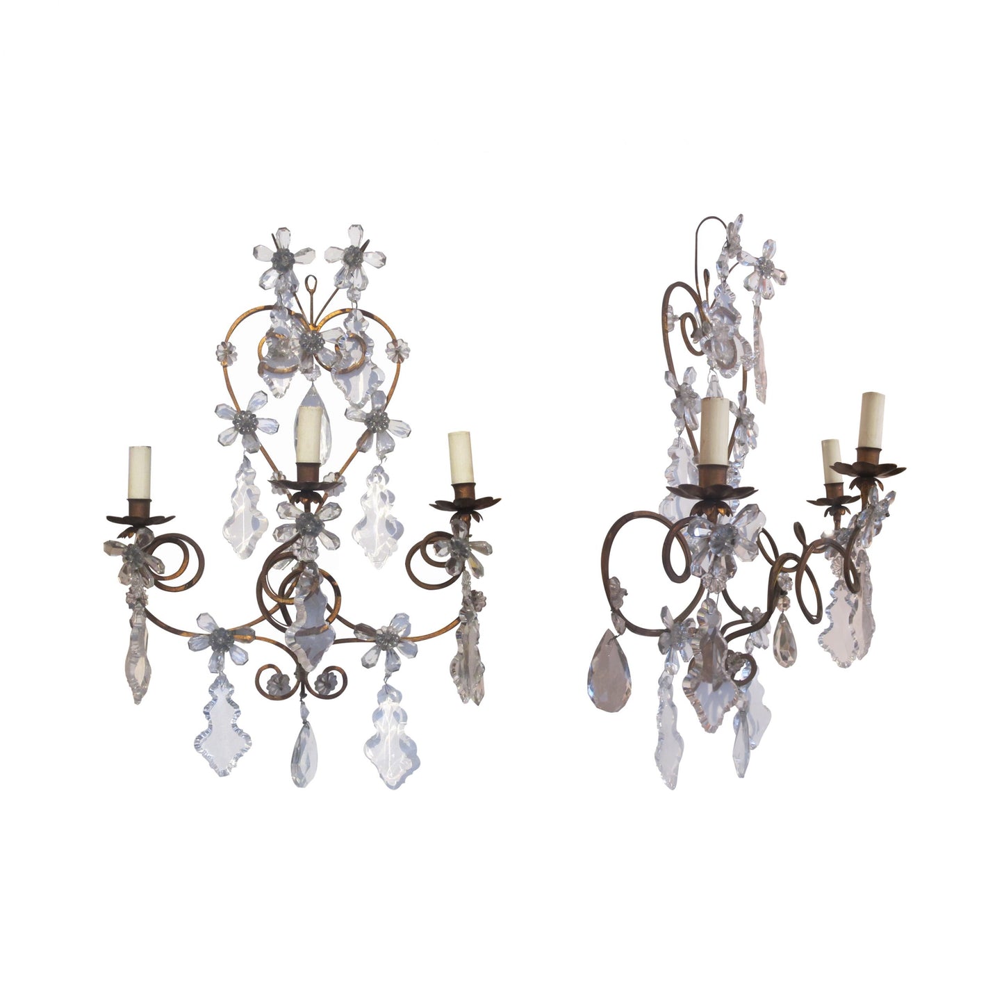 A pair of 1920's wrought iron and glass pampilles wall lights, French