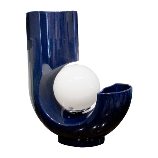 Italian Blue Glazed Ceramic Table Lamp with Opal Globe and Vase Detail, 1970s