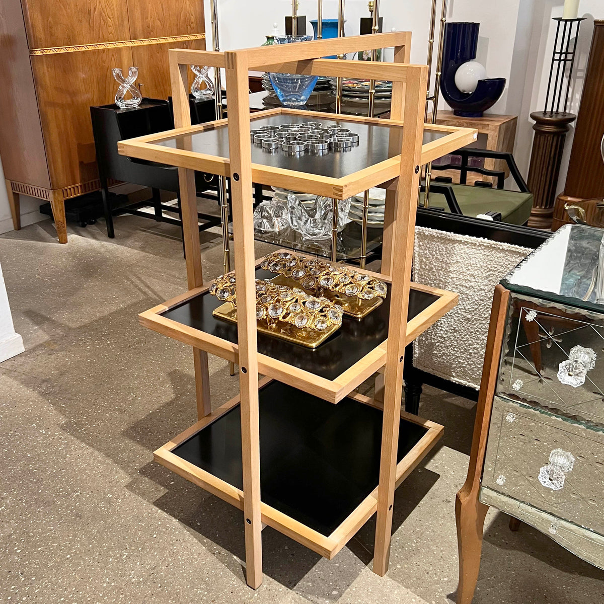 Pair of 1970s/80s Structural Blonde Maple and Black Wood Shelving Units