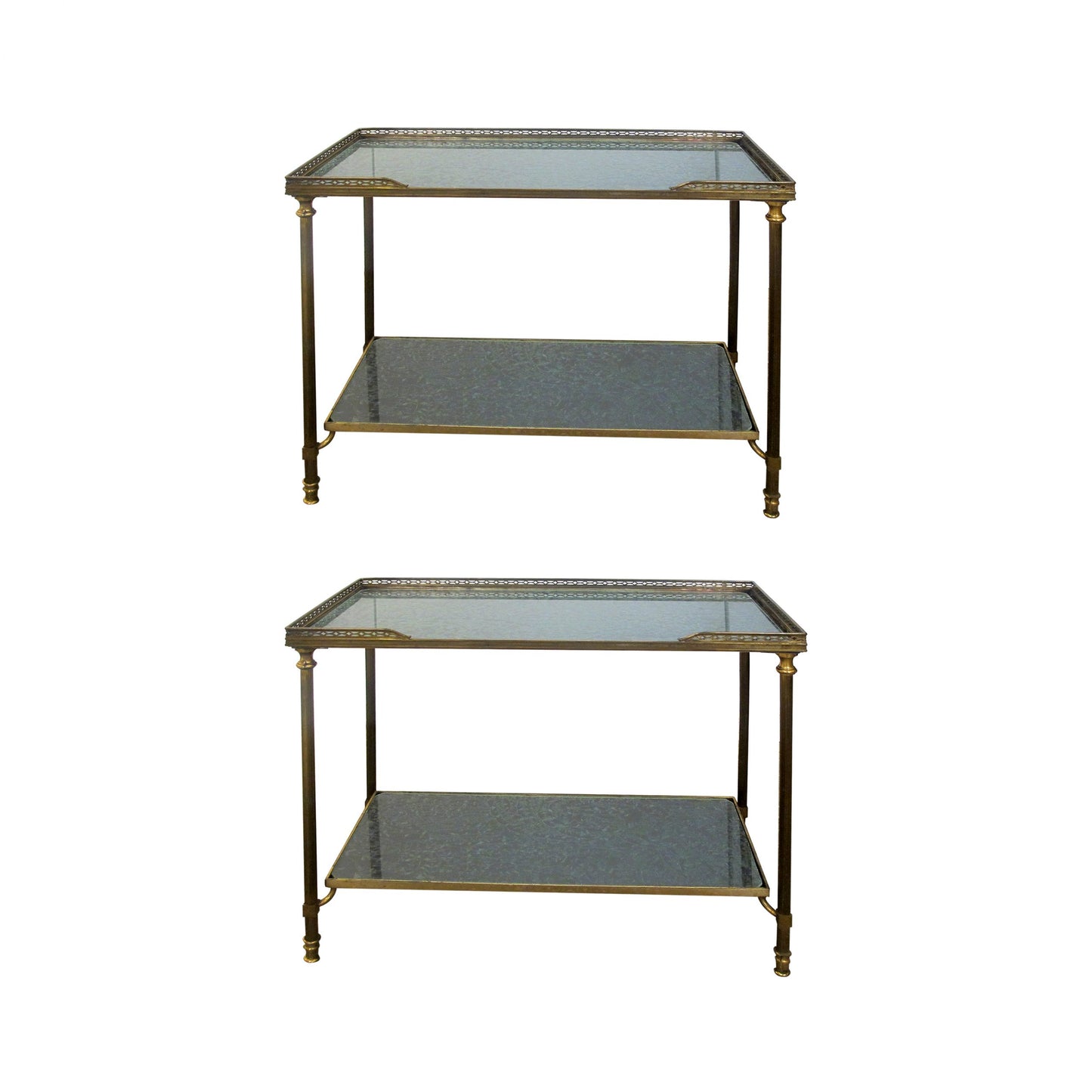 A pair of brass side table with etched glass, attributed to Maison Bagues