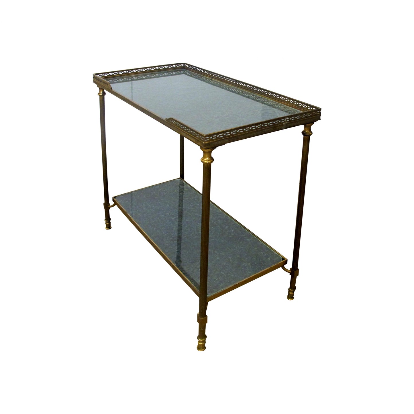 A pair of brass side table with etched glass, attributed to Maison Bagues