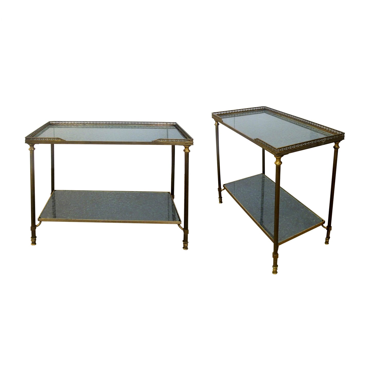 A pair of brass side table with etched glass, attributed to Maison Bagues