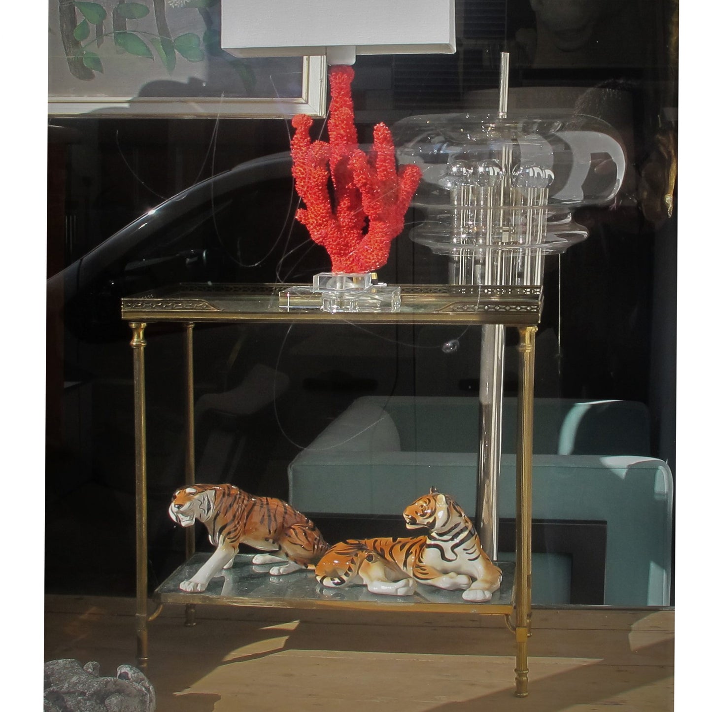 A pair of brass side table with etched glass, attributed to Maison Bagues