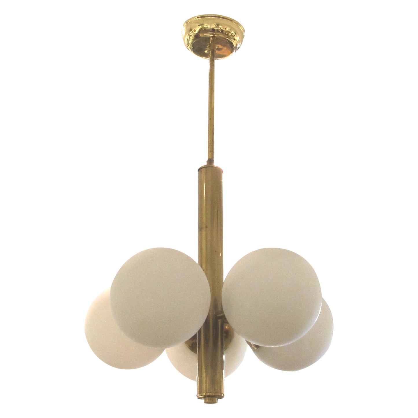 1950s Swedish Brass Ceiling Light with Five Opal Glass Globes