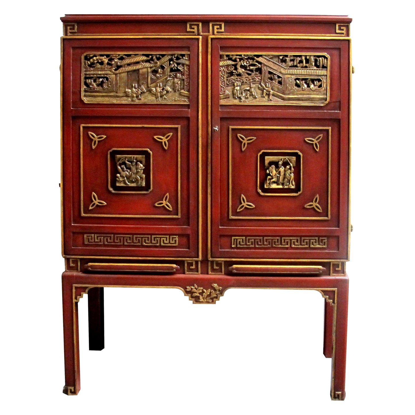 1950s Swedish-made Chinoiserie Drinks Cabinet with Carved Panels