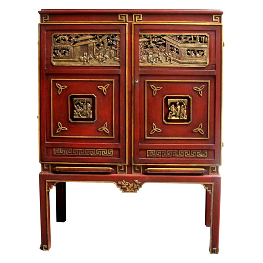 1950s Swedish-made Chinoiserie Drinks Cabinet with Carved Panels