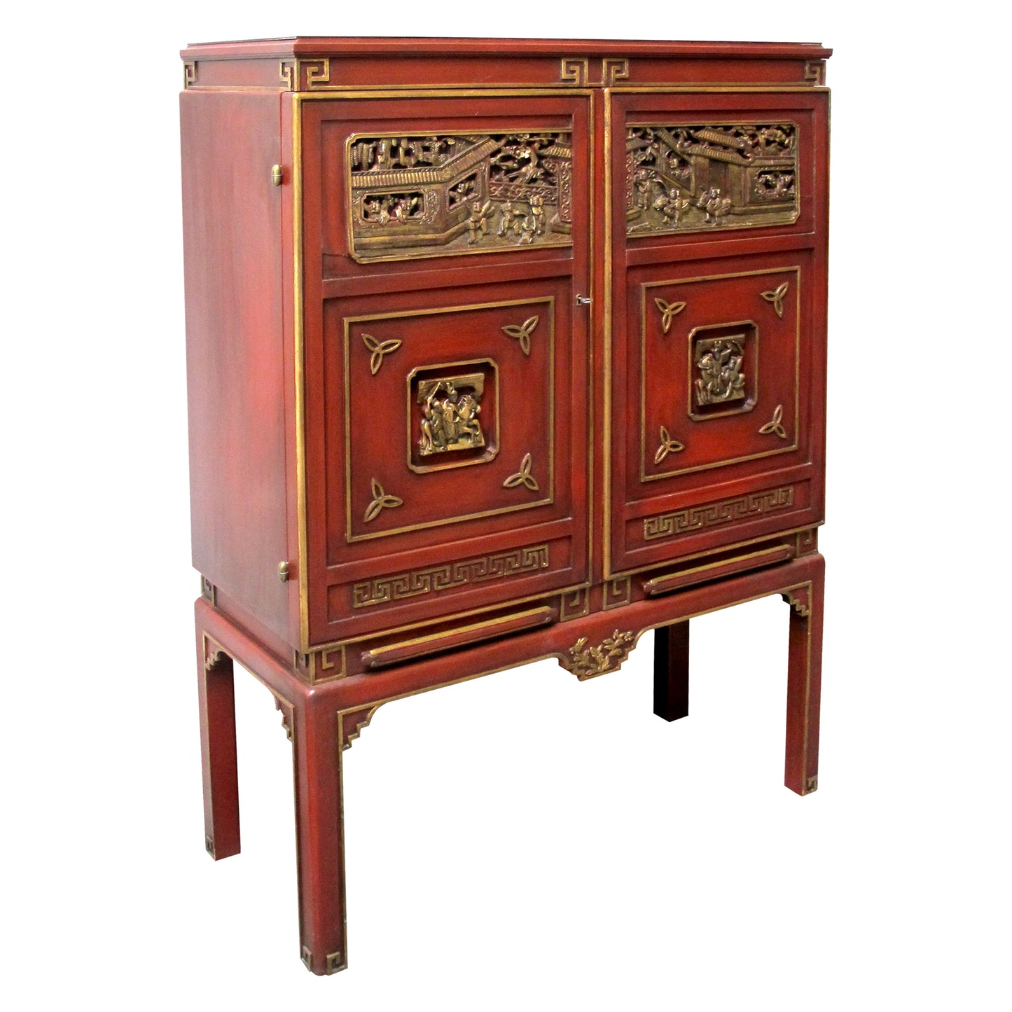 1950s Swedish-made Chinoiserie Drinks Cabinet with Carved Panels