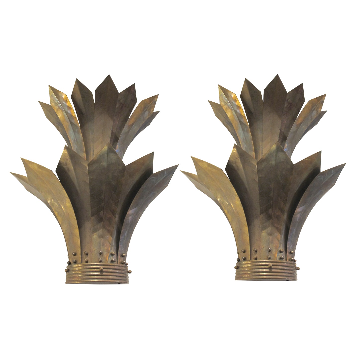 Pair of Large French Mid-Century Brass Wall Sconces with Stylised Leaf Design, 1950s