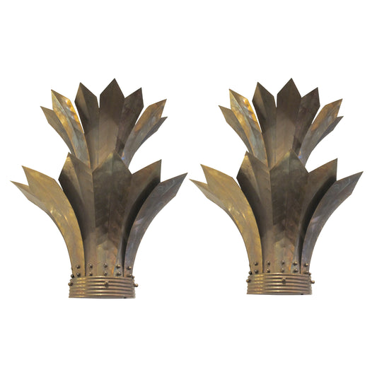Pair of Large French Mid-Century Brass Wall Sconces with Stylised Leaf Design, 1950s