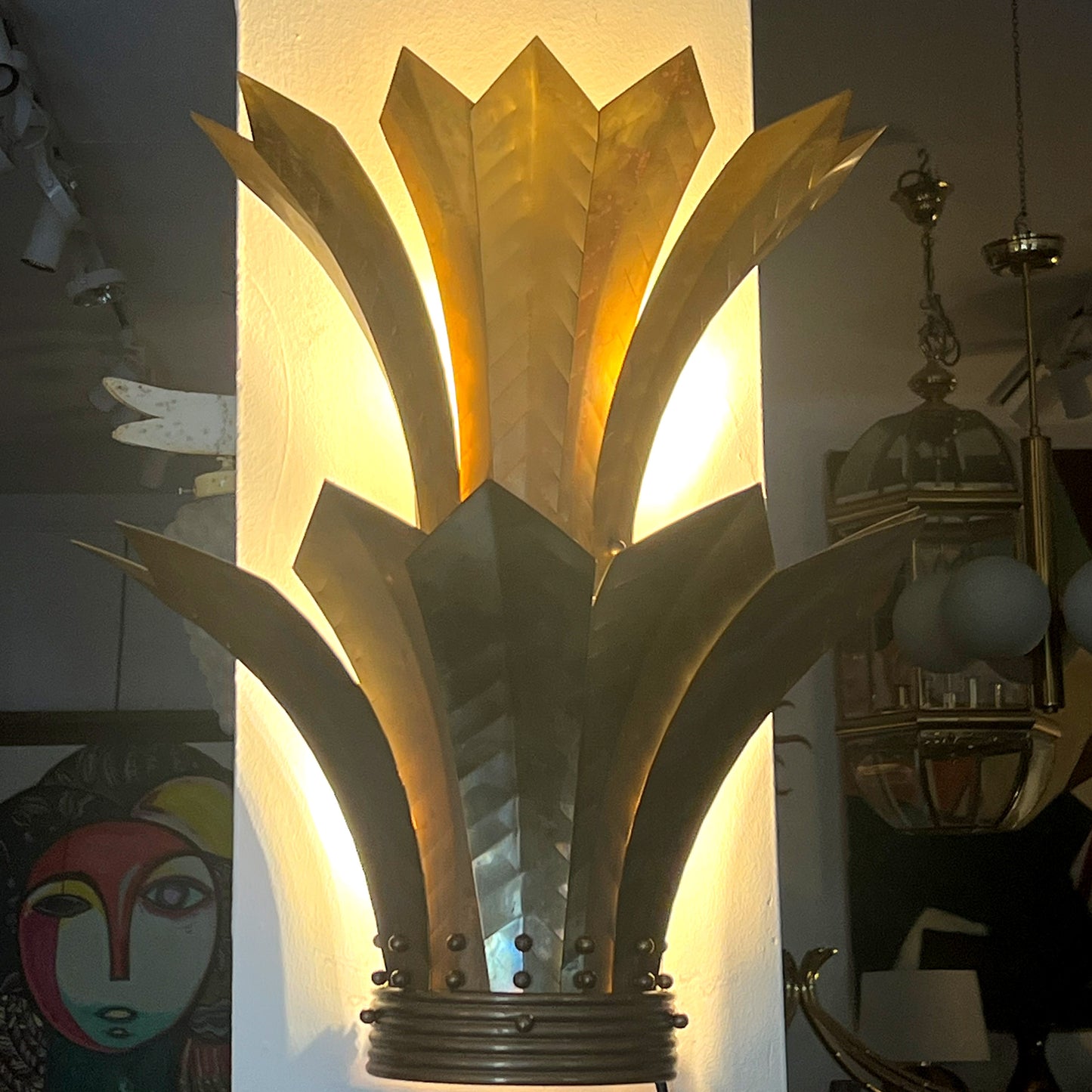 Pair of Large French Mid-Century Brass Wall Sconces with Stylised Leaf Design, 1950s
