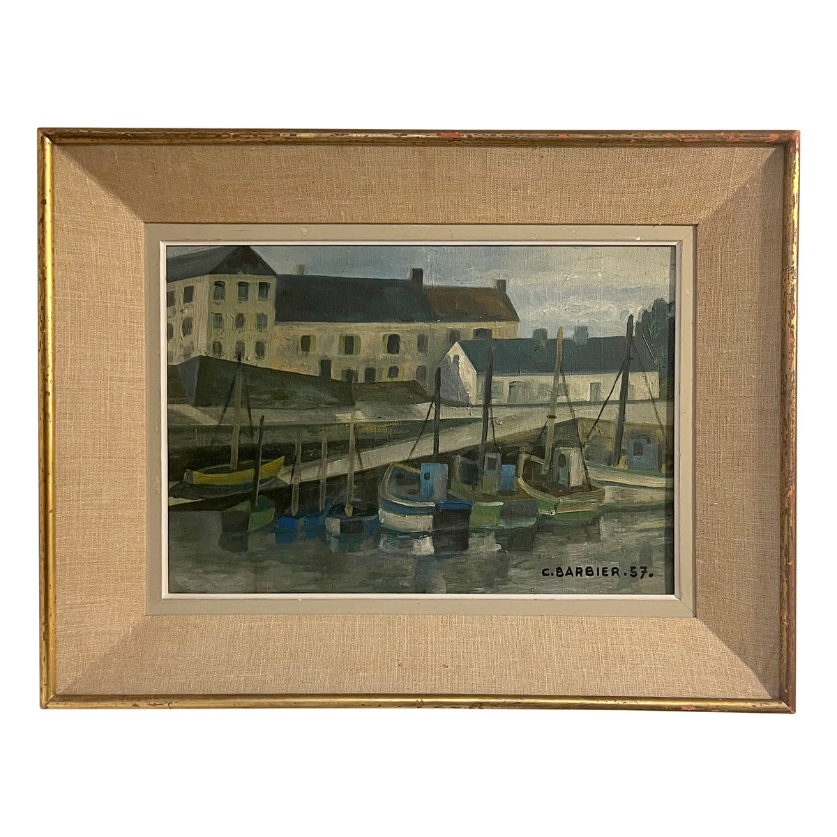 Pair of 1957 Coastal Port Paintings by C. Barbier, French