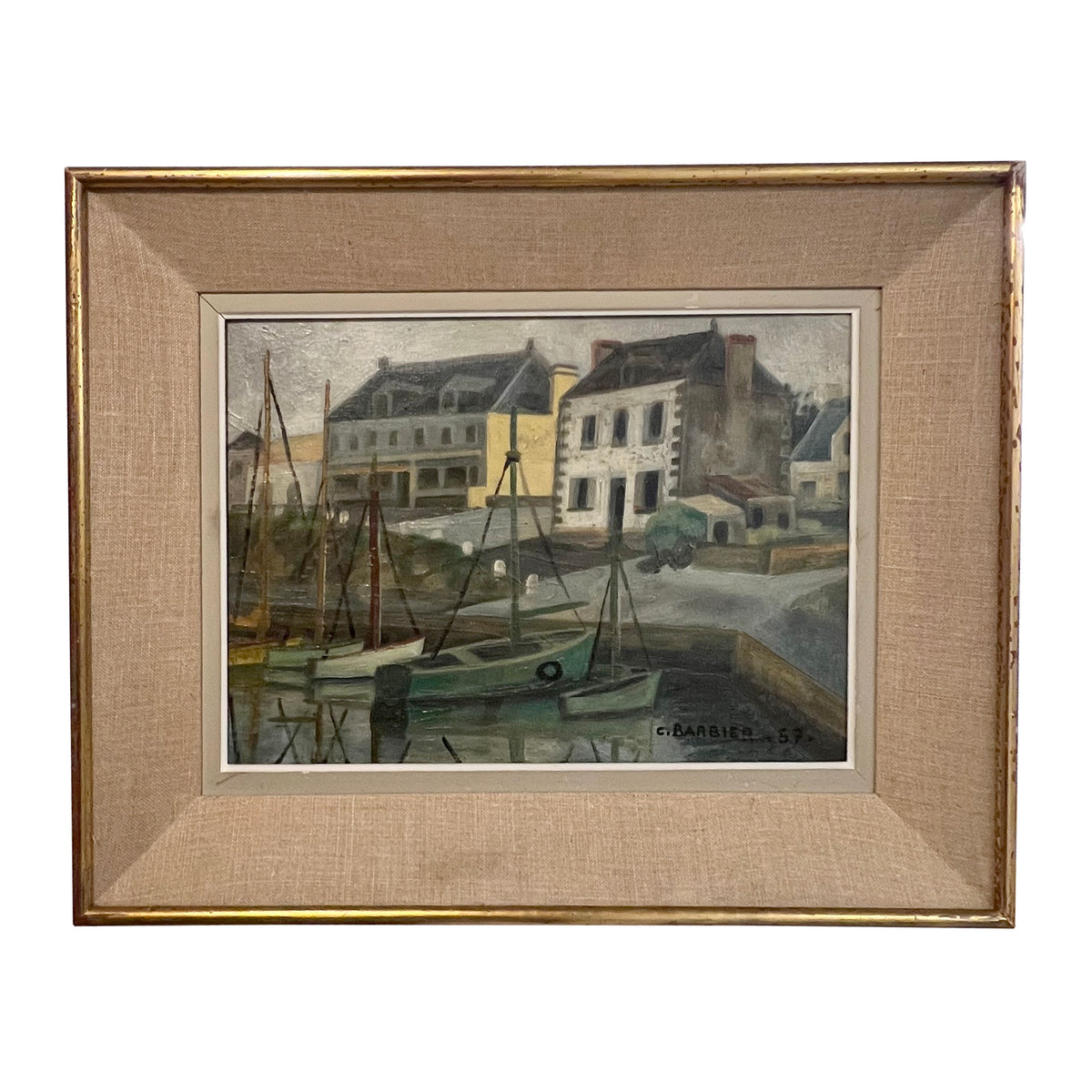 Pair of 1957 Coastal Port Paintings by C. Barbier, French