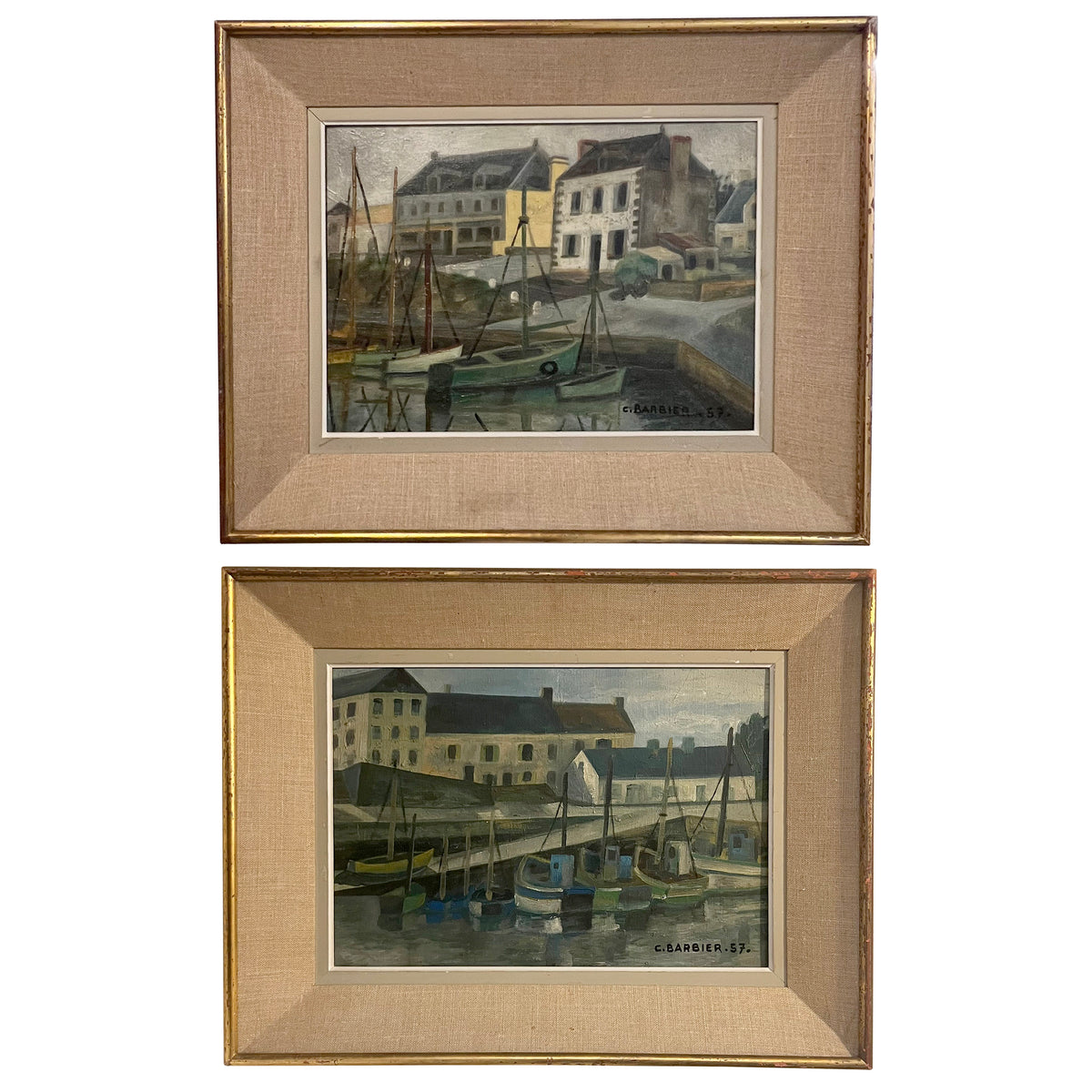 Pair of 1957 Coastal Port Paintings by C. Barbier, French