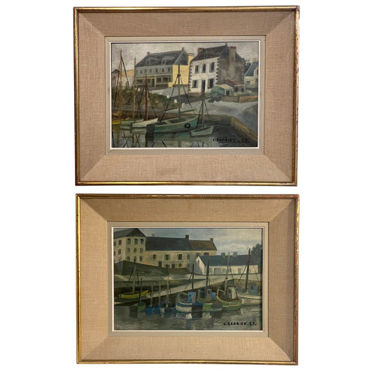 Pair of 1957 Coastal Port Paintings by C. Barbier, French