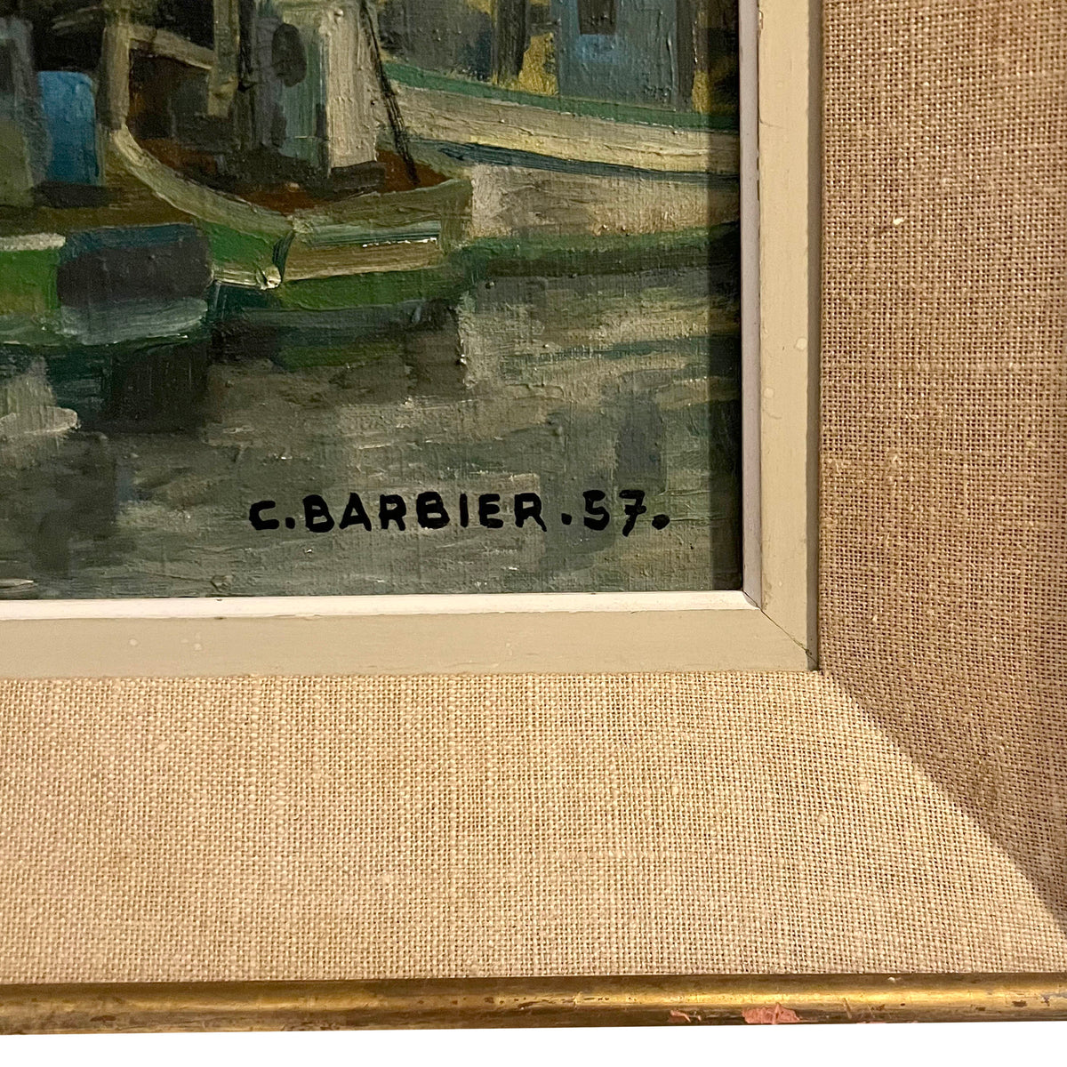 Pair of 1957 Coastal Port Paintings by C. Barbier, French