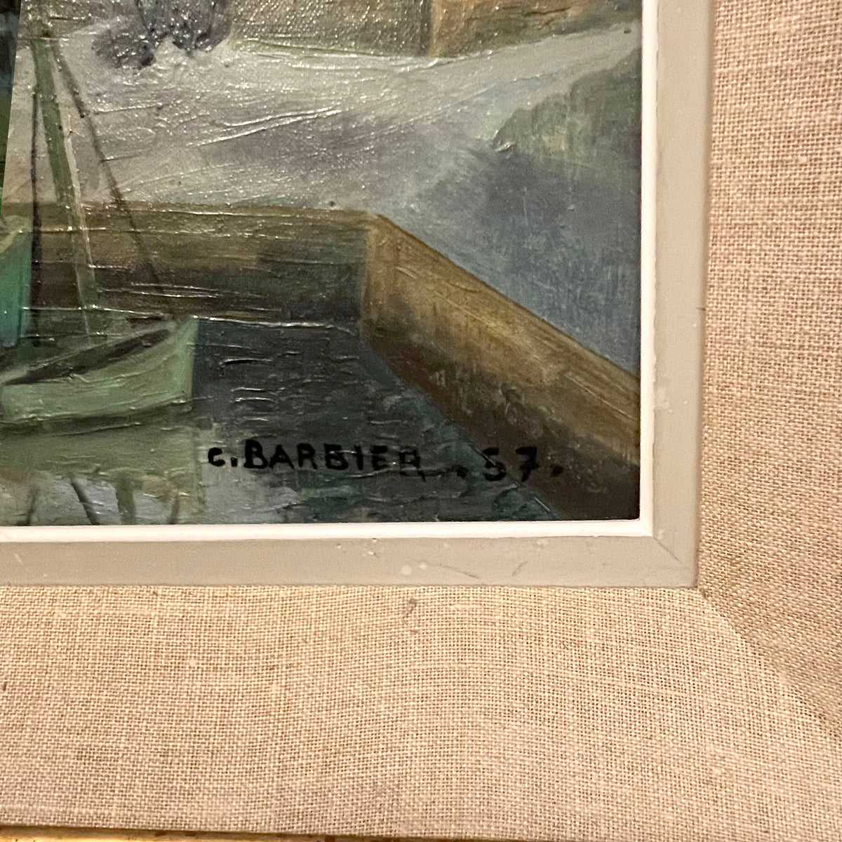 Pair of 1957 Coastal Port Paintings by C. Barbier, French